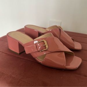 Sergio Rossi Buckle Embellished Patent Leather Mules Antique Rose size 39
